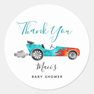 Modern Blue Race Car Baby Shower Favour Classic Round Sticker