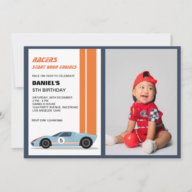 Modern Blue Race Car Boy Birthday Photo Invitation (Front)