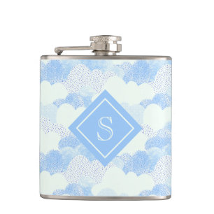 Modern Blue Rain Clouds Monogram Personalised Flas Hip Flask
