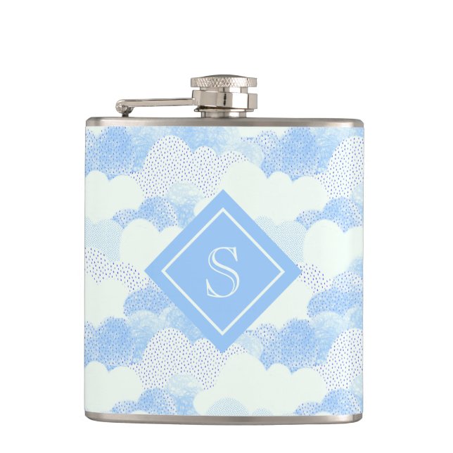 Modern Blue Rain Clouds Monogram Personalised Flas Hip Flask (Front)