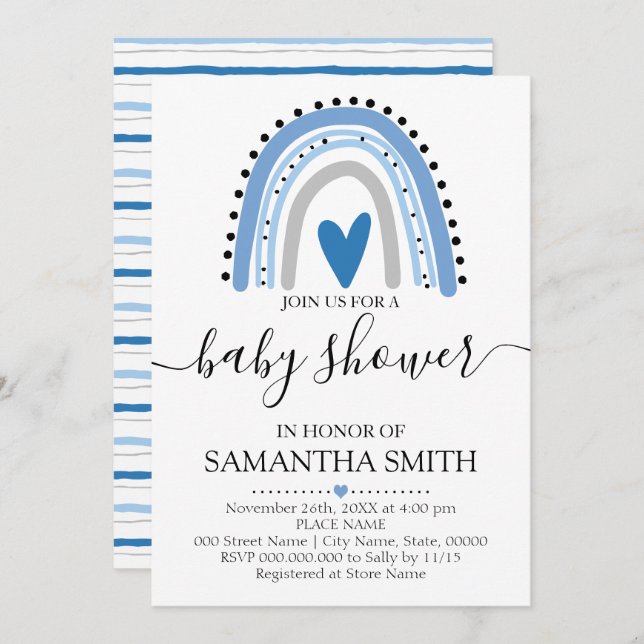 Modern blue Rainbow boho chic baby shower Invitation (Front/Back)