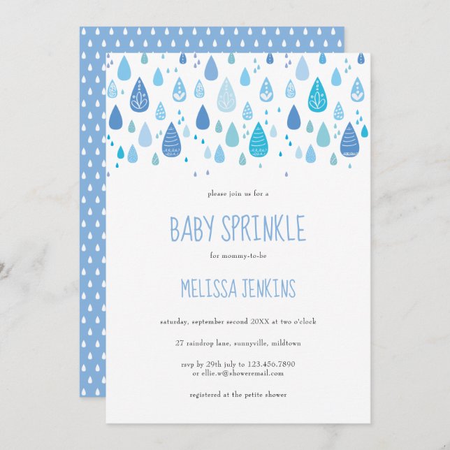 Modern Blue Raindrops Baby Boy Sprinkle / Shower Invitation (Front/Back)