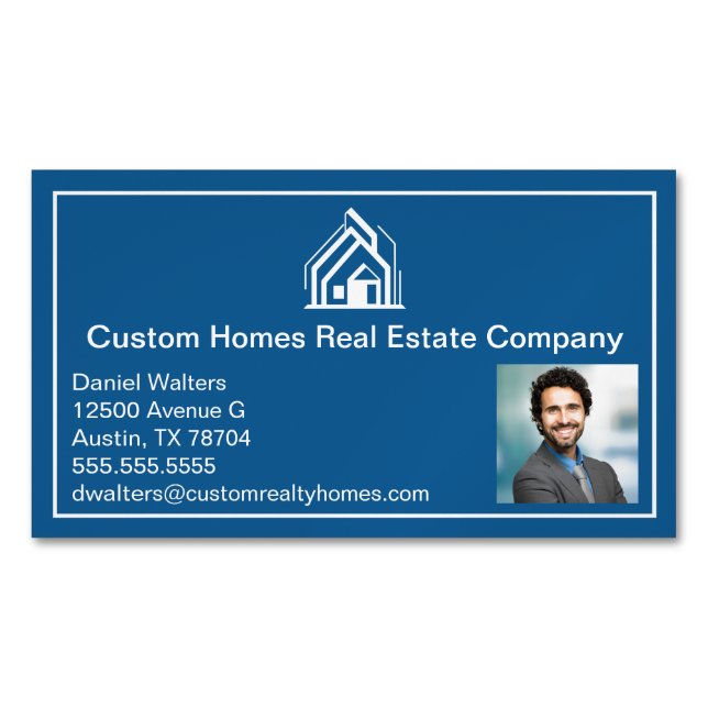 Modern Blue Real Estate Company Realtor Photo Magnetic Business Card (Front)