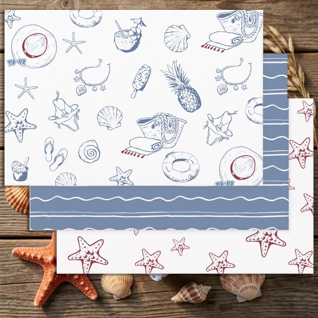 Modern Blue & Red Beach Summer Birthday  Wrapping Paper Sheet (Creator Uploaded)