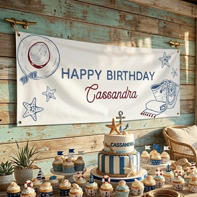 Modern Blue & Red Beach Summer Happy Birthday  Banner (Creator Uploaded)