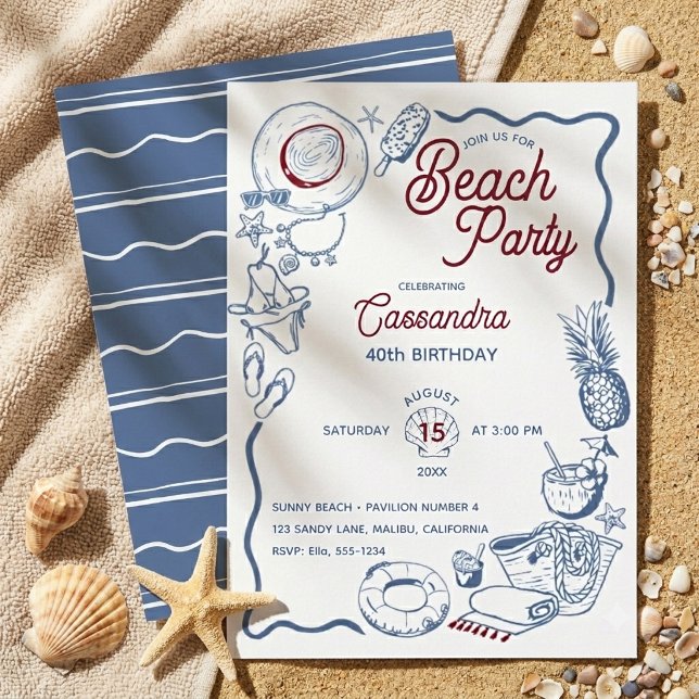 Modern Blue & Red Beach Summer Milestone Birthday Invitation (Creator Uploaded)