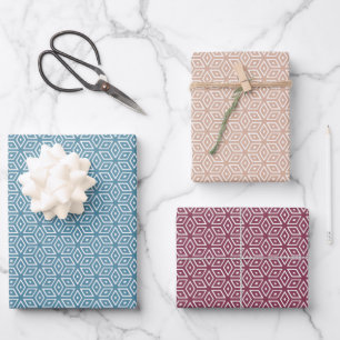 Modern Blue Red Cream Geometric Stars Pattern Wrapping Paper Sheet