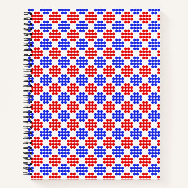 Modern Blue Red Dotted Diamonds on White Notebook (Front)