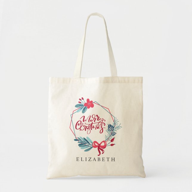 Modern Blue Red Geometric Frame Merry Christmas Tote Bag (Front)