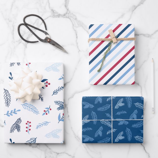 Modern Blue & Red Holiday Berry Wrapping Paper (Front)