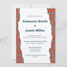 Modern Blue Red Love Border Ecru Wedding Invitation