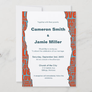 Modern Blue Red Love Border Ecru Wedding Invitation
