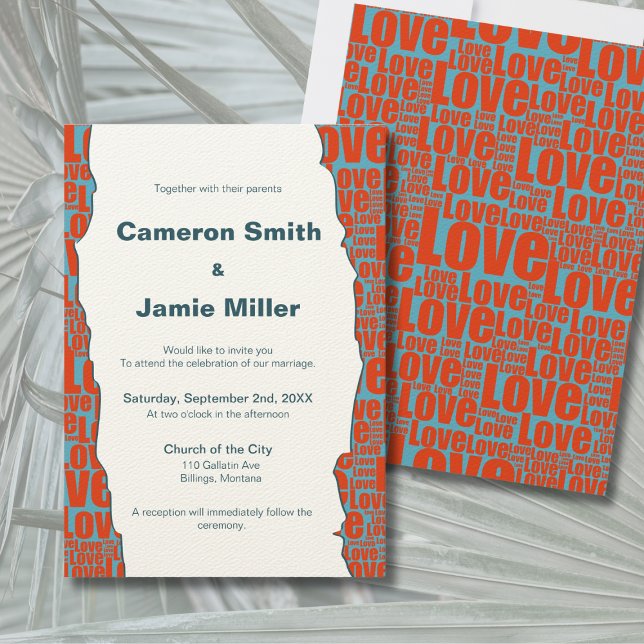 Modern Blue Red Love Border Ecru Wedding Invitation (Modern Blue Red Love Border Ecru Wedding Invitation)