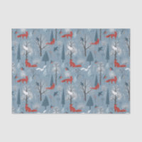 Modern Blue Red Nordic Winter Foxes Birds Pattern