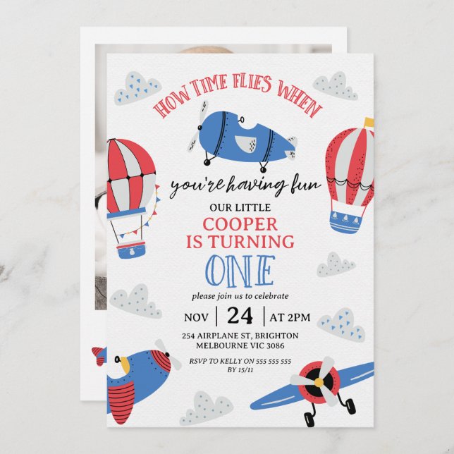 Modern Blue Red Photo How Time Flies 1st Birthday Invitation (Front/Back)