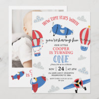 Modern Blue Red Photo How Time Flies 1st Birthday