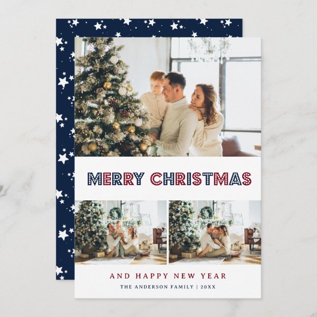 Modern Blue Red Snow Stars Photo Collage Holiday Card (Front/Back)