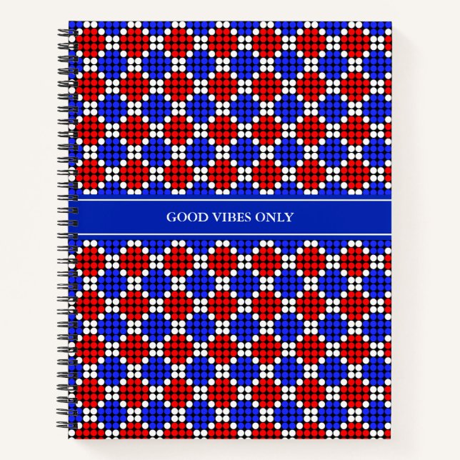 Modern Blue Red White Dotted Diamonds on Black Not Notebook (Front)