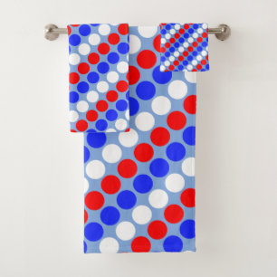 Modern Blue Red White Dotted Stripes on Sky Blue Bath Towel Set