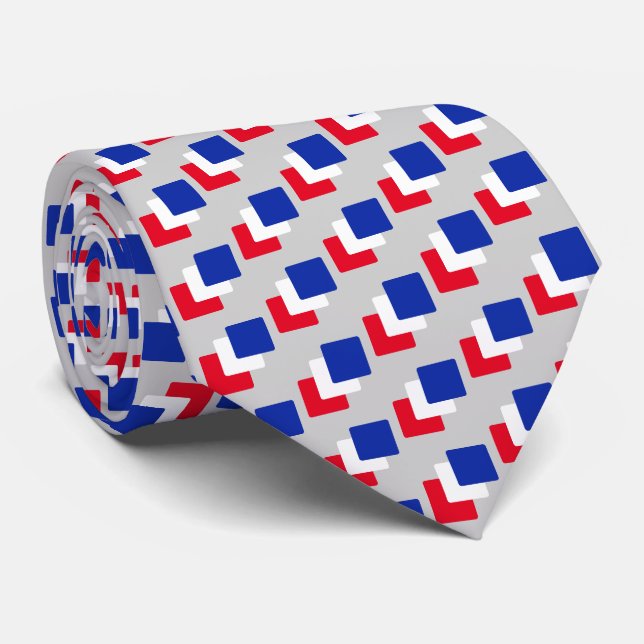 Modern Blue Red & White Squares on Light Grey Tie (Rolled)
