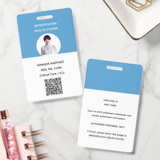 Modern Blue Registered Nurse Photo QR Code Staff ID Badge