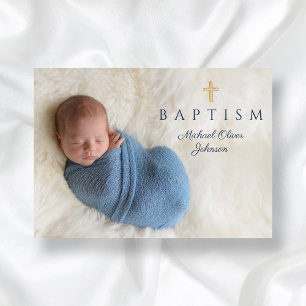 Modern Blue Religious Cross Boy Baptism Photo Invitation