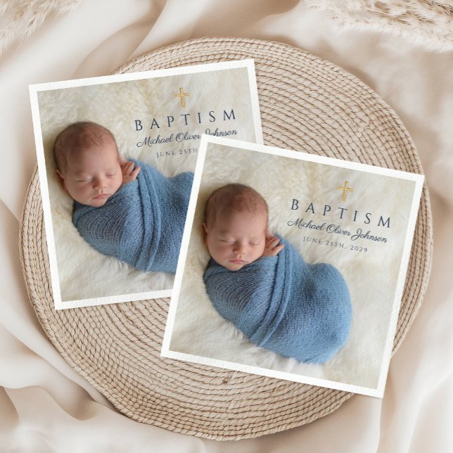 Modern Blue Religious Cross Boy Baptism Photo Napkin (Modern Blue Religious Cross Boy Baptism Photo Napkins)