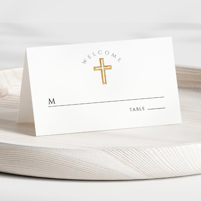 Modern Blue Religious Cross Boy First Communion Place Card (Front - Religious Cross Blue Boy First Communion Place Card)