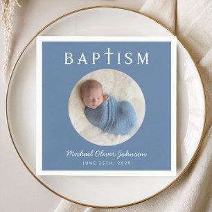 Modern Blue Religious Cross Photo Baptism Napkin