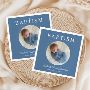Modern Blue Religious Cross Photo Baptism  Napkin