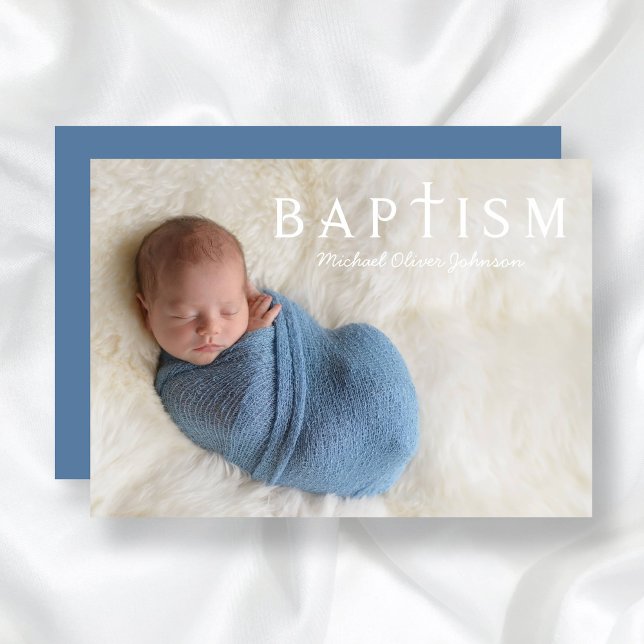 Modern Blue Religious Cross Photo Boy Baptism  Invitation (Modern Blue Religious Cross Photo Boy Baptism Invitation)
