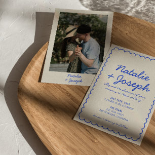 Modern Blue Retro Fun Whimsical Photo Wedding Invitation