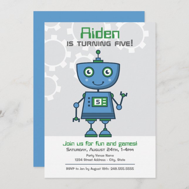 Modern Blue Robot Boys Birthday Party Invitation (Front/Back)