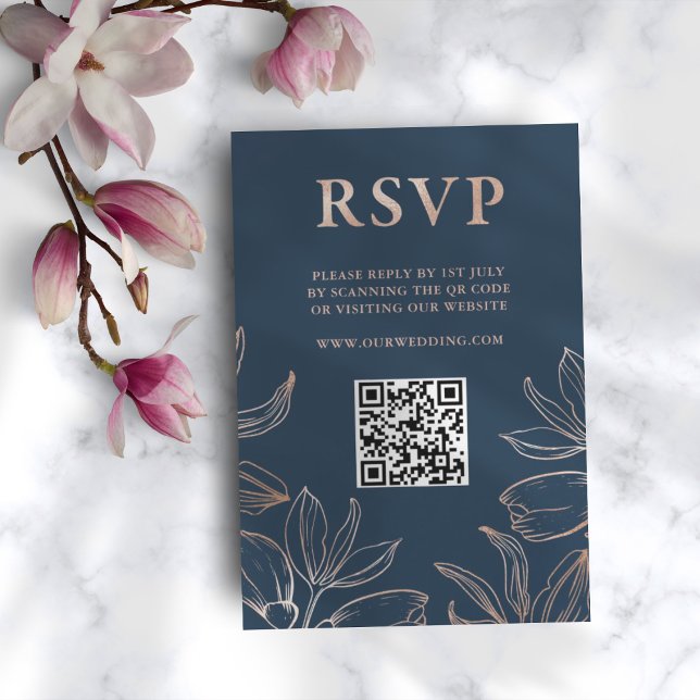 Modern Blue & Rose Gold Foliage RSVP QR Wedding Card (Creator Uploaded)