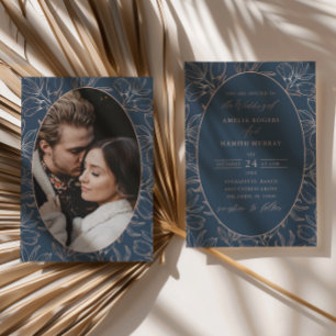 Modern Blue & Rose Gold Foliage Wedding Invitation