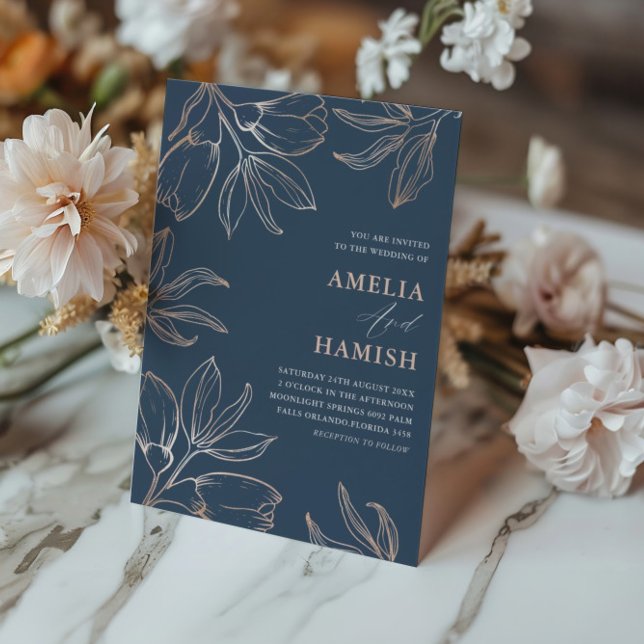 Modern Blue & Rose Gold Foliage Wedding Invitation (Creator Uploaded)