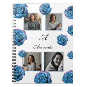 Modern Blue Rose Monogram Photo Collage Custom Mum Notebook