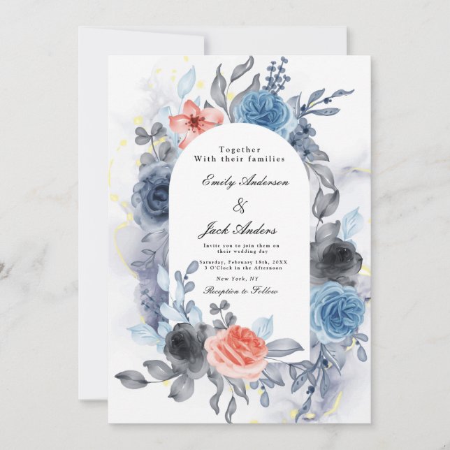 Modern  Blue Rose  watercolor Wedding  Save The Date (Front)