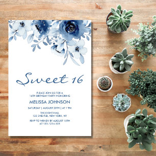 Modern Blue Roses Floral Greenery 16h Birthday Invitation