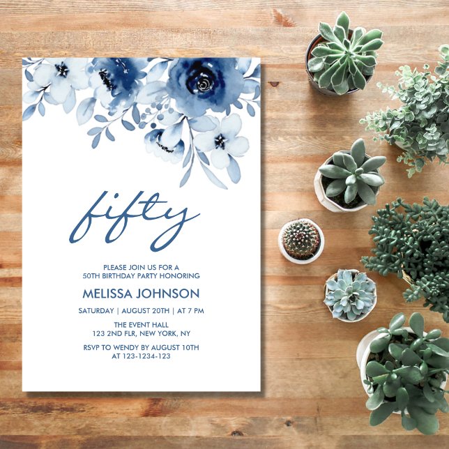 Modern Blue Roses Floral Greenery 50th Birthday Invitation (Creator Uploaded)