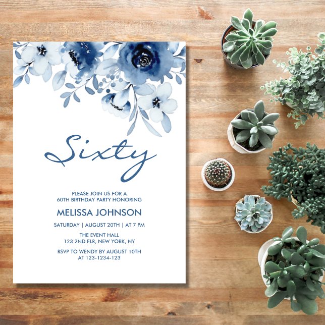 Modern Blue Roses Floral Greenery 60th Birthday Invitation (Creator Uploaded)