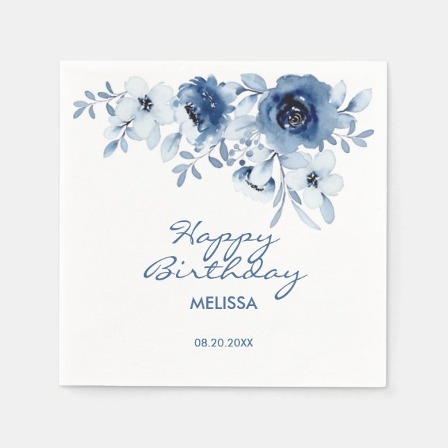 Modern Blue Roses Floral Greenery Birthday  Napkin (Front)