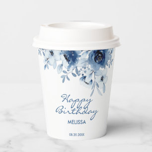 Modern Blue Roses Floral Greenery Birthday Paper Cups