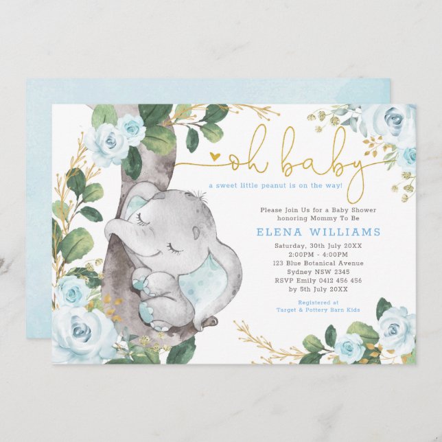 Modern Blue Roses Jungle Elephant Boy Baby Shower Invitation (Front/Back)