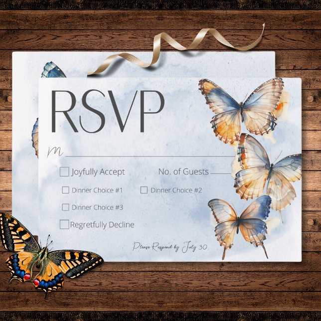 Modern Blue & Rust Watercolor Butterflies Dinner RSVP Card (Modern Blue & Rust Watercolor Butterflies Dinner RSVP Card)