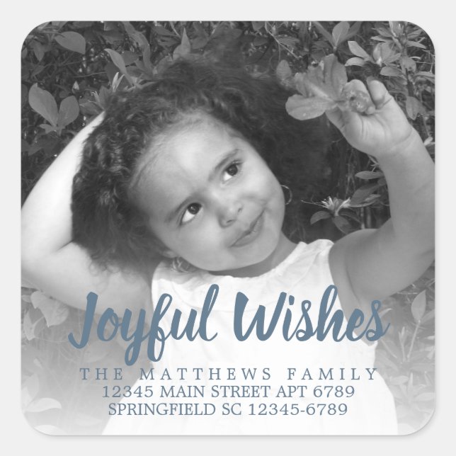 Modern Blue Rustic Joyful Wishes Photo Address Square Sticker (Front)