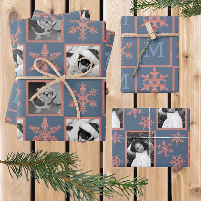 Modern Blue Rustic Snowflake Monogram Photo Wrapping Paper Sheet (Creator Uploaded)