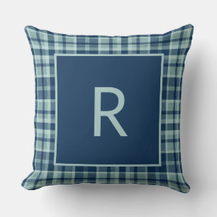 Modern blue sage green plaid monogram cushion