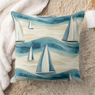 Modern Blue Sailboat Ocean Wave Pattern Cushion