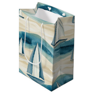 Modern Blue Sailboat Ocean Wave Pattern Medium Gift Bag